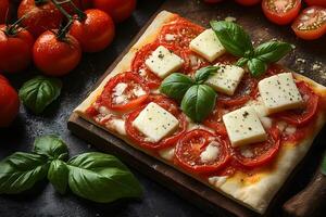 Fresh Caprese-Inspired Flatbread with Tomatoes, Basil, and Cheese for Italian Culinary Designs photo