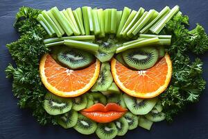 Creative Food Art Face with Fresh Kiwi, Celery, and Orange Slices for Healthy Eating Inspiration photo