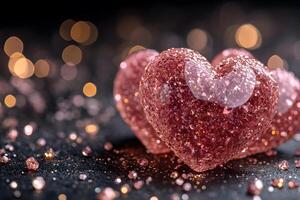 Sparkling Pink Heart Gemstones on Glittering Background for Romantic Celebration Design photo