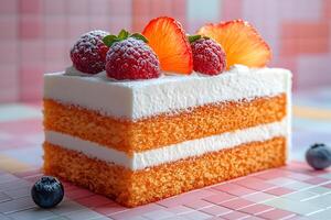 Delicious Slice of Orange Cake with Whipped Cream and Fresh Berries for Dessert or Bakery Display photo
