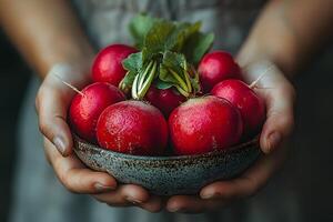 Fresh Organic Radishes Harvested in a Rustic Bowl for Farm-to-Table Dining photo