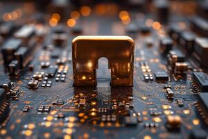 Golden Processor Component on Circuit Board with Glowing Connections for Technology Design photo