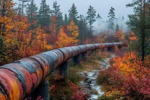 Autumn Pipeline Through Misty Forest - Nature and Industry in Harmony photo