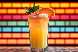 Refreshing Tropical Cocktail with Orange Slice and Cherry Garnish in Vibrant Setting photo