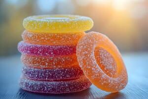 Colorful Sugary Jelly Rings in Sunlight Candy Photography for Design and Print photo