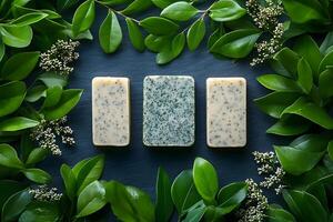 Natural Handmade Soap Bars with Greenery for Spa and Wellness Design photo
