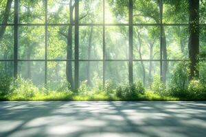 Serene Forest View Through Sunlit Glass Windows for Nature-Inspired Design photo