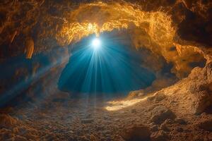 Sunlight Illuminating a Mysterious Cave Interior with Stalactites and Rocky Floor photo