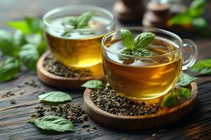 Refreshing Herbal Tea with Basil Leaves on Wooden Table - Perfect for Relaxation and Wellness photo