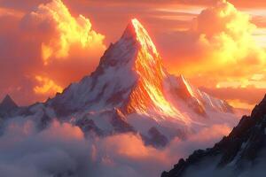 Awe-Inspiring Mountain Peak at Sunset with Dramatic Cloudscape for Nature Prints photo