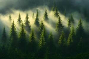 Serene Morning Mist in Evergreen Forest Illuminated by Sunlight photo
