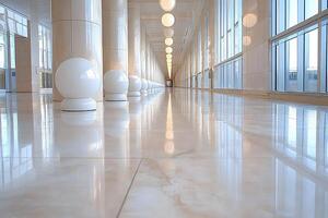 Modern Architectural Corridor with Reflective Marble Flooring and Globe Lights photo