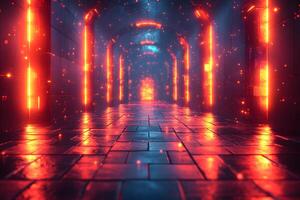Neon Futuristic Corridor with Glowing Red and Blue Lights for Sci-Fi Design photo