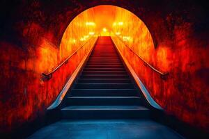 Staircase to the Unknown - Dramatic Red Tunnel Leading Upward in Urban Setting photo