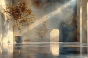 Serene Minimalist Interior with Sunlit Tree and Rustic Wall Design photo