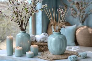 Serene Spa Setting with Cherry Blossoms and Candles for Relaxation and Decor photo