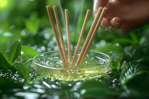 Aromatherapy with Diffuser Sticks in a Natural Green Setting for Relaxation and Wellness photo