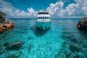 Luxury Yacht Anchored in Crystal Clear Caribbean Waters for Summer Vacation photo