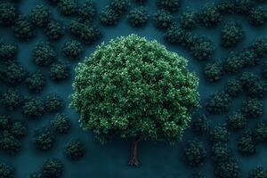 Aerial View of Lush Green Tree Surrounded by Smaller Trees in Serene Forest Setting photo
