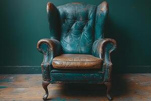 Rustic Vintage Armchair Against Weathered Wood Floor - Perfect for Retro Decor Design photo
