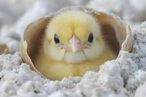 Adorable Yellow Chick Emerging from Eggshell in Springtime Setting photo