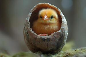Adorable Fuzzy Chick Resting in Eggshell - Symbol of New Beginnings and Springtime photo