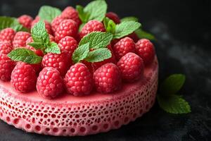 Fresh Raspberry Cake with Mint Leaves on Dark Background for Dessert Inspiration and Recipe Design photo