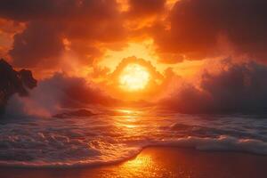 Dramatic Sunset Over Ocean Waves for Coastal Photography or Nature-Themed Designs photo