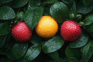 Fresh Citrus and Strawberry Trio with Dew Drops on Lush Greenery - Ideal for Nature and Fruit Themes photo