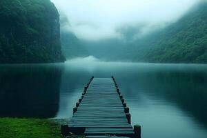 Serene Misty Lake with Wooden Dock and Lush Green Mountains in Fog photo