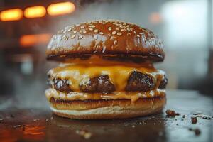 Gourmet Double Cheeseburger with Melted Cheese and Juicy Patties in a Rustic Setting photo