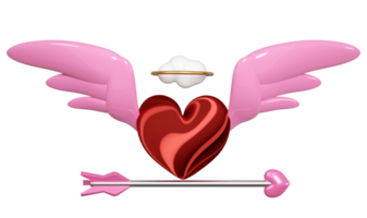 3d red heart wings flying with arrow, cloud, ring isolated. Happy valentine's day concept, 3d illustration render png