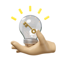 3d hands holding light bulb with key isolated. idea tip concept, minimal abstract, 3d illustration render png