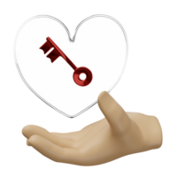 3d hands holding glass heart with key isolated. Happy valentine's day concept, 3d illustration render png
