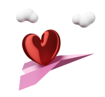 3d red heart with paper plane, cloud isolated. Happy valentine's day concept, 3d illustration render png
