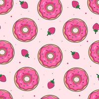 Seamless pattern with donuts with pink glaze and strawberries. graphics. vector
