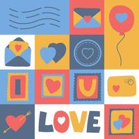 Patchwork Seamless Pattern of Love Letters, Samps and Hearts in Simple Flat Style vector