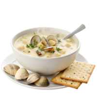 bowl of clam chowder with crackers high-quality transparent image, ideal for menus, food concepts, png
