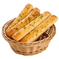 basket of garlic breadsticks high-quality transparent image, ideal for menus, food concepts, png