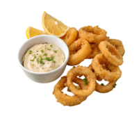 plate of fried calamari with dip high-quality transparent image, ideal for menus, food concepts, png
