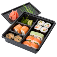 assorted sushi in a black bento box high-quality transparent image, ideal for menus, food concepts, png
