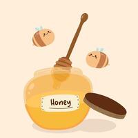 Hand Drawn Illustration of Honey Spoon Dipping In the Honey Jar with Two Bees Flying Around vector