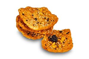 High angle view pile of square shape crispy multigrain rice cracker. photo