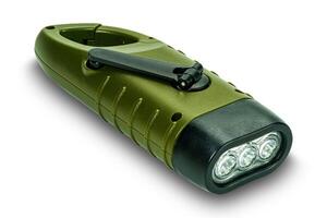 High angle view of modern portable LED flashlight powered by a battery. photo