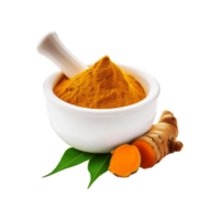 Neem leaf and turmeric slice with white ceramic mortar and pestle on transparent background png