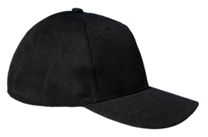 Profile view of Blank black baseball cap isolated on transparent background. Template Mock up png