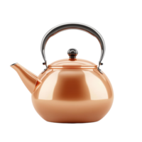 A polished copper kettle with a rounded body, a spout, and a sleek handle, designed for boiling water. png