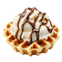 A delectable waffle dessert topped with creamy ice cream and drizzled with rich chocolate sauce. png