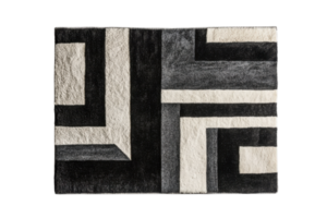A geometric rug featuring a contrasting black and white pattern, showcasing bold shapes and lines. png