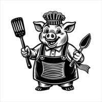 A pig wearing a chefs hat and apron holds a frying vector